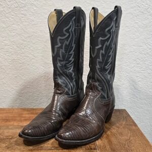 Vtg Justin Lizard Skin Cowboy Boots Gray Brown Western Pointed Toe Men's 8.5 D
